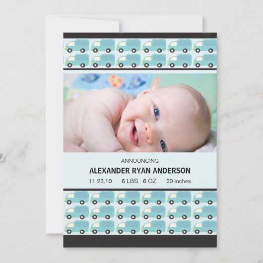 パァー！ 青いトラックの赤ちゃん男の子の誕生発表 案内状 (正面)