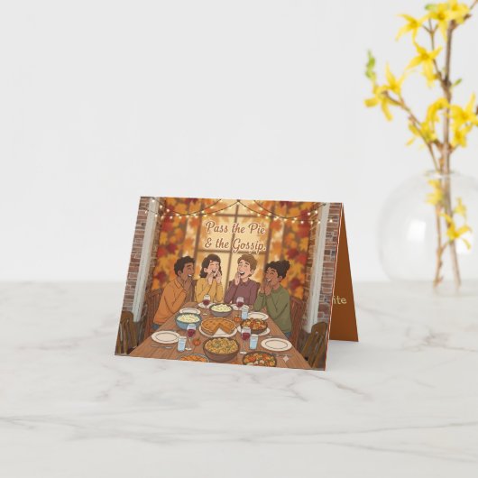 パイもゴシップもシェアして | 友人たちの感謝祭が面白すぎる カード (黄色い花)