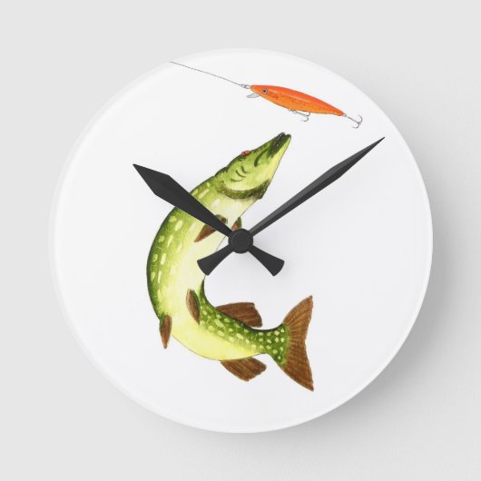 パイク魚釣り ラウンド壁時計 (正面)