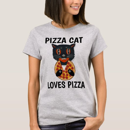 パイザを食べるネコ、面白Tシャツ Tシャツ (正面)