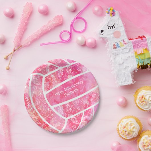 パイズリー花の羽ピンクのバレーボールパーティー ペーパープレート (パーティー)