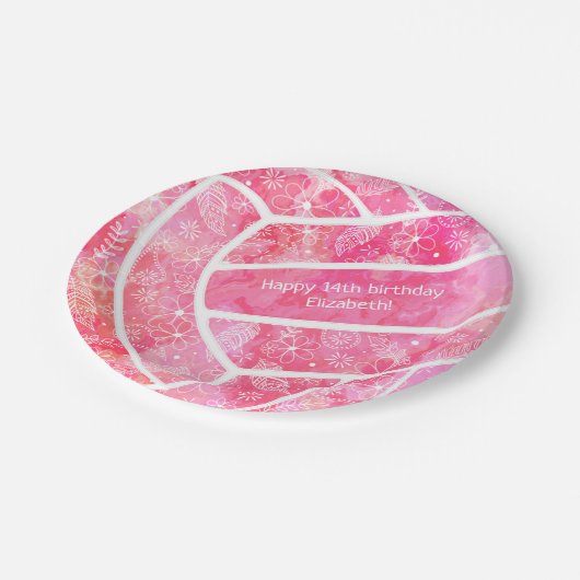 パイズリー花の羽ピンクのバレーボールパーティー ペーパープレート (アングル)