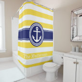 パイナップイエローウエットネイビーブルー航海のストライプいかり シャワーカーテン (インサイチュ)