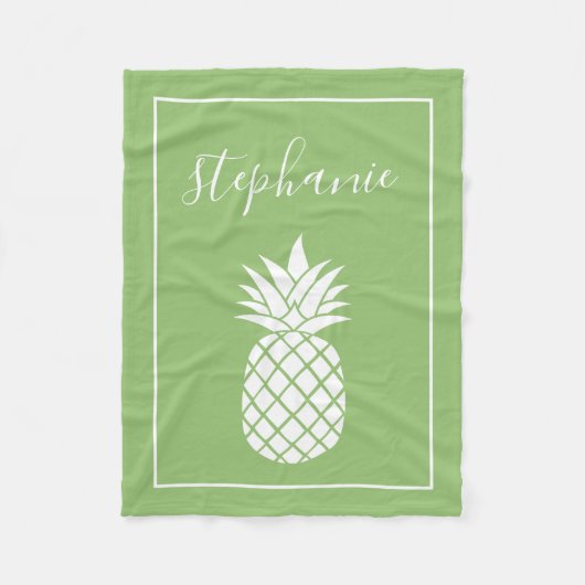 パイナップルお洒落と緑の手書き名 フリースブランケット (正面)
