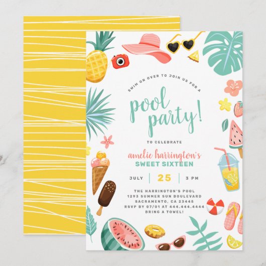 パイナップルとスイカとトロピカルリーフのプールパーティー 招待状 (正面/裏面)