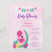 パイナップルとスイカのシャワー付きピンクフラミンゴ 招待状 (正面/裏面)