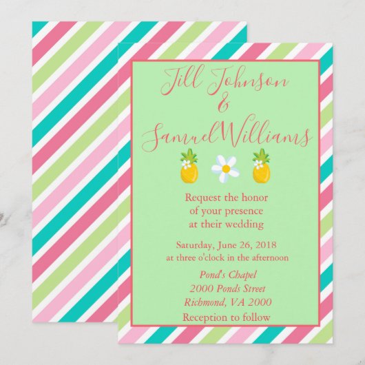 パイナップルとストライプの可愛い結婚式 招待状 (正面/裏面)