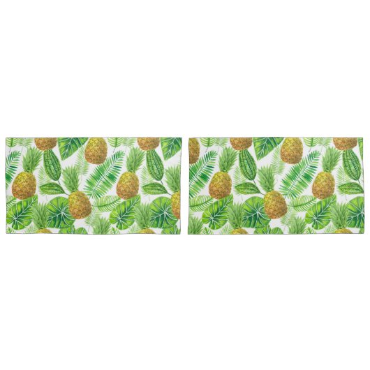 パイナップルと熱帯葉の 枕カバー (正面-セット)
