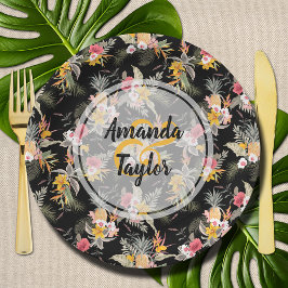パイナップルと花オンブラック ペーパープレート
