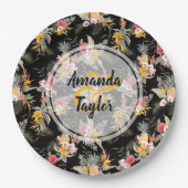 パイナップルと花オンブラック ペーパープレート (正面)