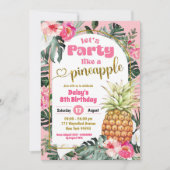 パイナップルのようなピンクの熱帯ルアウ（ハワイ式宴会）フローラパーティー 招待状 (正面)