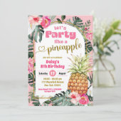 パイナップルのようなピンクの熱帯ルアウ（ハワイ式宴会）フローラパーティー 招待状 (スタンド正面)