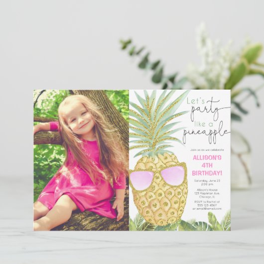 パイナップルの女の子の誕生日の写真のようなパーティーを撮ろう 招待状 (スタンド正面)