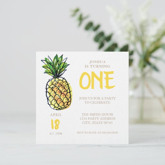 パイナップルの最初の誕生日パーティーへの招待 招待状 (スタンド正面)