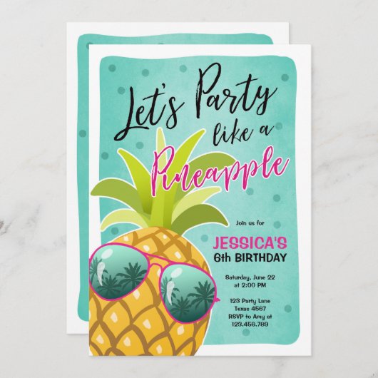 パイナップルの誕生日の招待Tropicのようなパーティー 招待状 (正面/裏面)