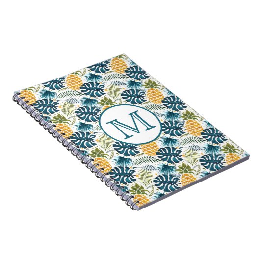 パイナップルの青いパーム葉の葉の白いモノグラム ノートブック (右側)