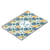 パイナップルの青いパーム葉の葉の白いモノグラム ノートブック (左側)