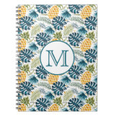 パイナップルの青いパーム葉の葉の白いモノグラム ノートブック (正面)