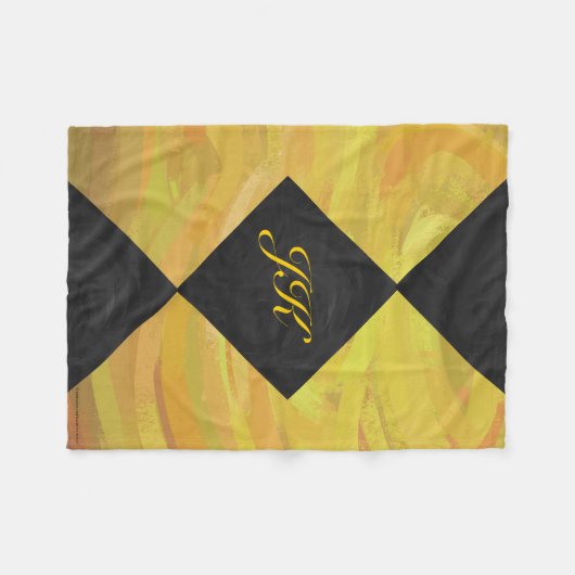 パイナップルイエローとブラックダイヤモンドモノグラム フリースブランケット (正面(横))