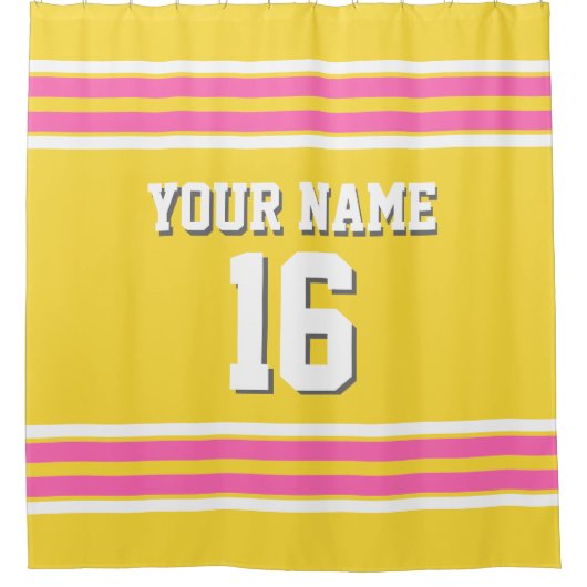 パイナップルイエローホットピンクWTストライプスポーツジャージー シャワーカーテン (正面)