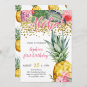 パイナップルウォーターカラーアロハルアウ(ハワイ式宴会)誕生日 招待状 (正面/裏面)