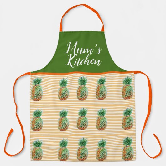 パイナップルウォーターカラーイエローストライプムズキッチン エプロン (正面)