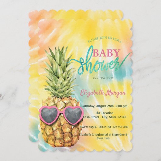 パイナップルカッコいい熱帯絞り染めベビーシャワー 招待状 (正面/裏面)