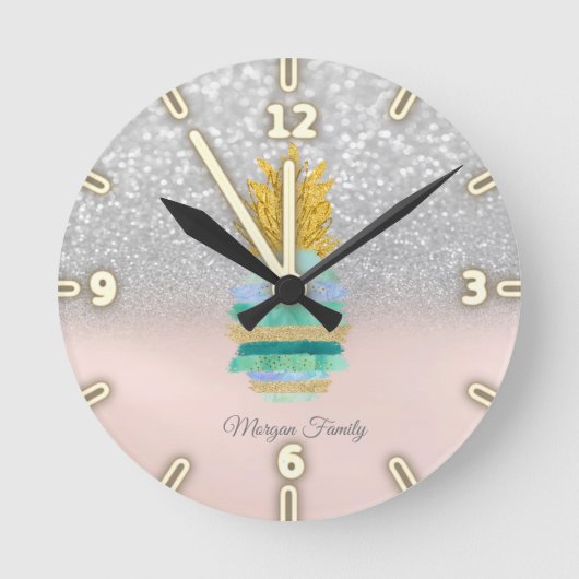 パイナップルグリーングリッターシルバーグリッター《写真》ぼけ味 ラウンド壁時計 (正面)