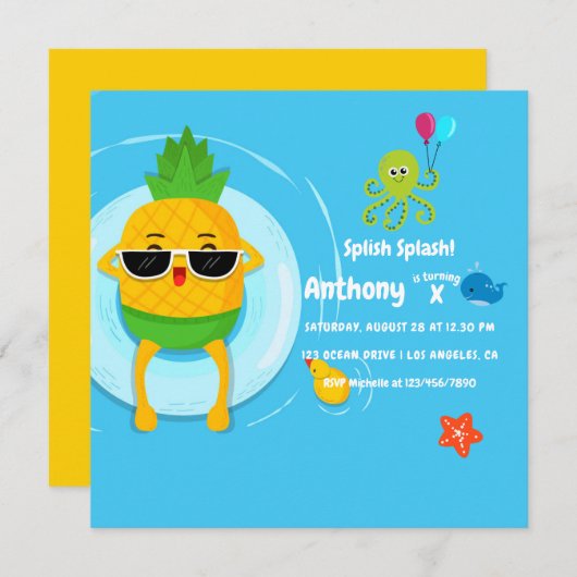 パイナップルサマースプラッシュ子供の誕生日パーティー 招待状 (正面/裏面)