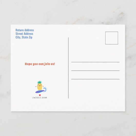 パイナップルサーファーの誕生日のプールを囲んでのパーティの子供 インビテーションポストカード (裏面)