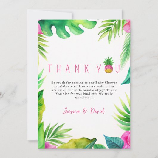 パイナップルジャングルパシファイヤーピンクの女の子ベビーシャワー サンキューカード (正面)