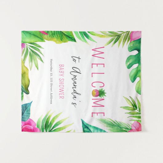 パイナップルジャングルパシファイヤーピンクの女の子ベビーシャワー タペストリー (正面(横))