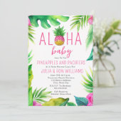 パイナップルジャングルパシファイヤーピンクの女の子ベビーシャワー 招待状 (スタンド正面)
