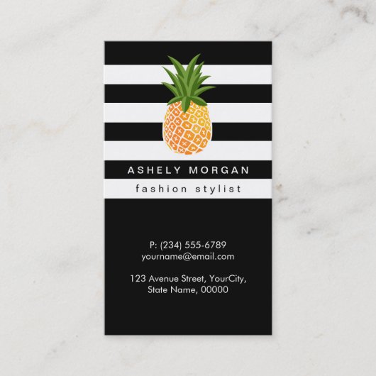 パイナップルスタイリッシュ白黒ストライプ付き 名刺 (正面)