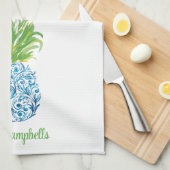 パイナップルチノアセリーブルーホワイト名門私立校風のカスタム キッチンタオル (四つ折り)