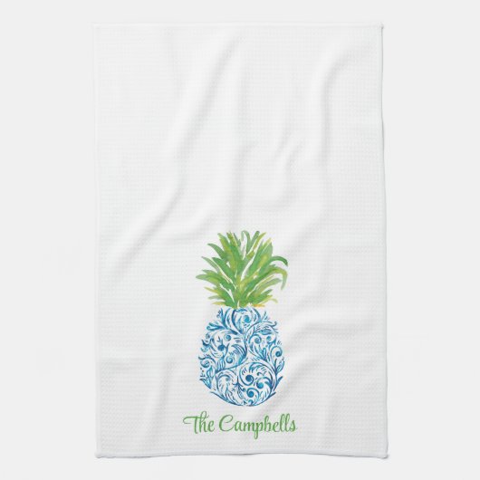 パイナップルチノアセリーブルーホワイト名門私立校風のカスタム キッチンタオル (縦)