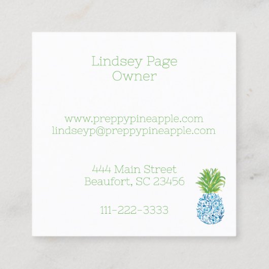 パイナップルチノアセリーブルー名門私立校風のホワイト スクエア名刺 (裏面)