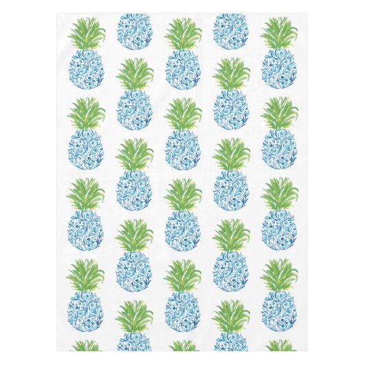 パイナップルチノアセリーブルー名門私立校風のホワイト テーブルクロス (正面)