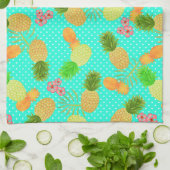 パイナップルドットティール（緑がかった色） キッチンタオル (折り畳み)