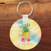 パイナップルハイビスカスウォーターカラーレインボー絞り染め キーホルダー (正面)