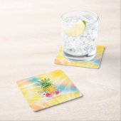 パイナップルハイビスカスウォーターカラーレインボー絞り染め スクエアペーパーコースター (インサイチュ)