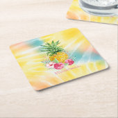 パイナップルハイビスカスウォーターカラーレインボー絞り染め スクエアペーパーコースター (アングル)
