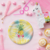 パイナップルハイビスカスウォーターカラーレインボー絞り染め ペーパープレート (パーティー)
