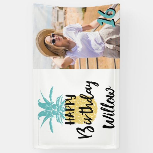 パイナップルハッピーバースデールアウ（ハワイ式宴会）パーティー、任意の年齢 横断幕 (縦)