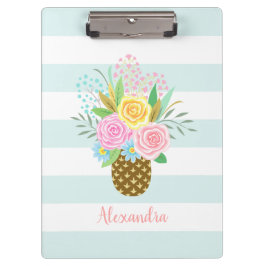 パイナップルバラブーケピンクターコイズストライプズ クリップボード