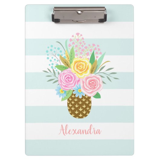 パイナップルバラブーケピンクターコイズストライプズ クリップボード (正面)