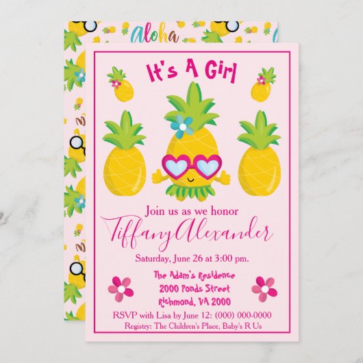 パイナップルパーティー女の子ベビーシャワーおもしろい 招待状 (正面/裏面)