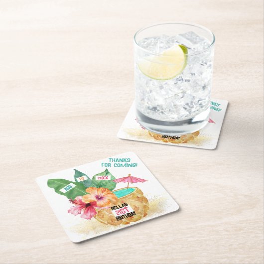 パイナップルパームトロピカルビーチ誕生日 スクエアペーパーコースター (インサイチュ)