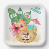 パイナップルパームハイビスカストロピカルカクテル誕生日 ペーパープレート (正面)