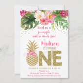 パイナップルピンクの甘い金ゴールド最初の誕生日 招待状 (正面)
